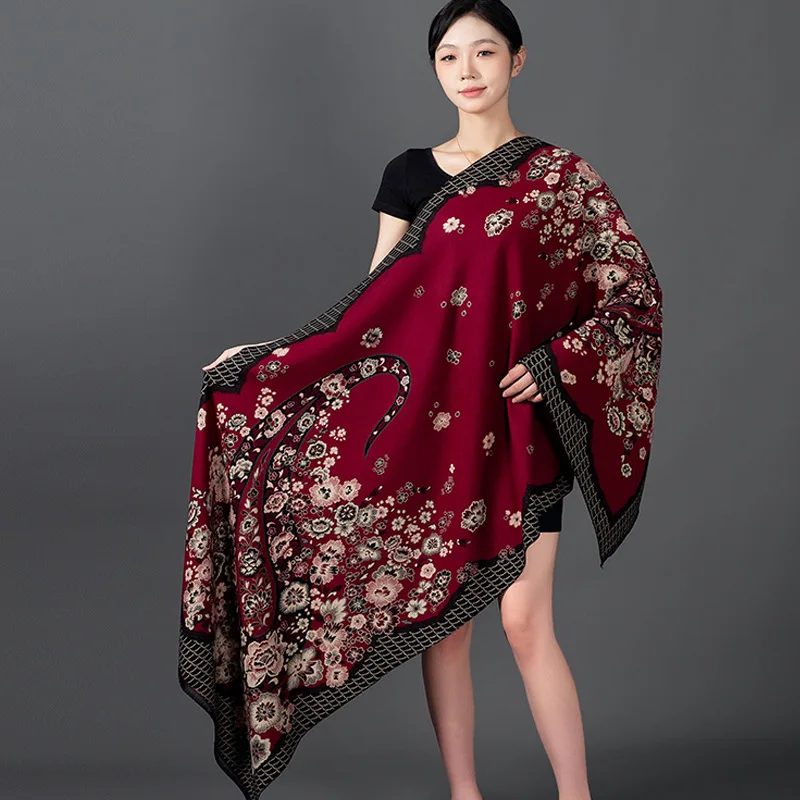 Burgundy Flower Print Scarf Pashmina Bufanda Muffler Cashmere Blend Echarpes Shawl and Wraps Elegant Autumn Winter Scarves A