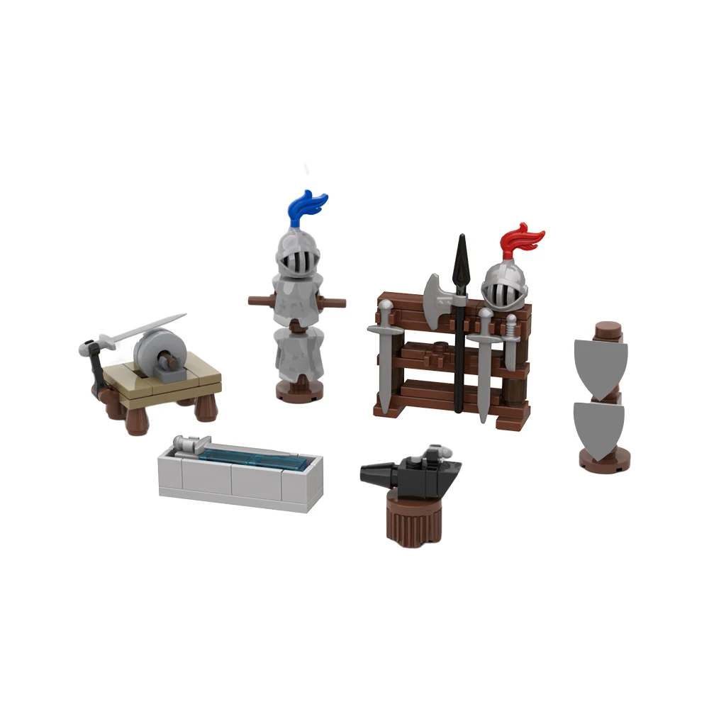 Mini ferreiro acessórios blocos de construção kit medieval capacete arma armadura espada casa smithy castelo tijolo modelo brinquedo para crianças