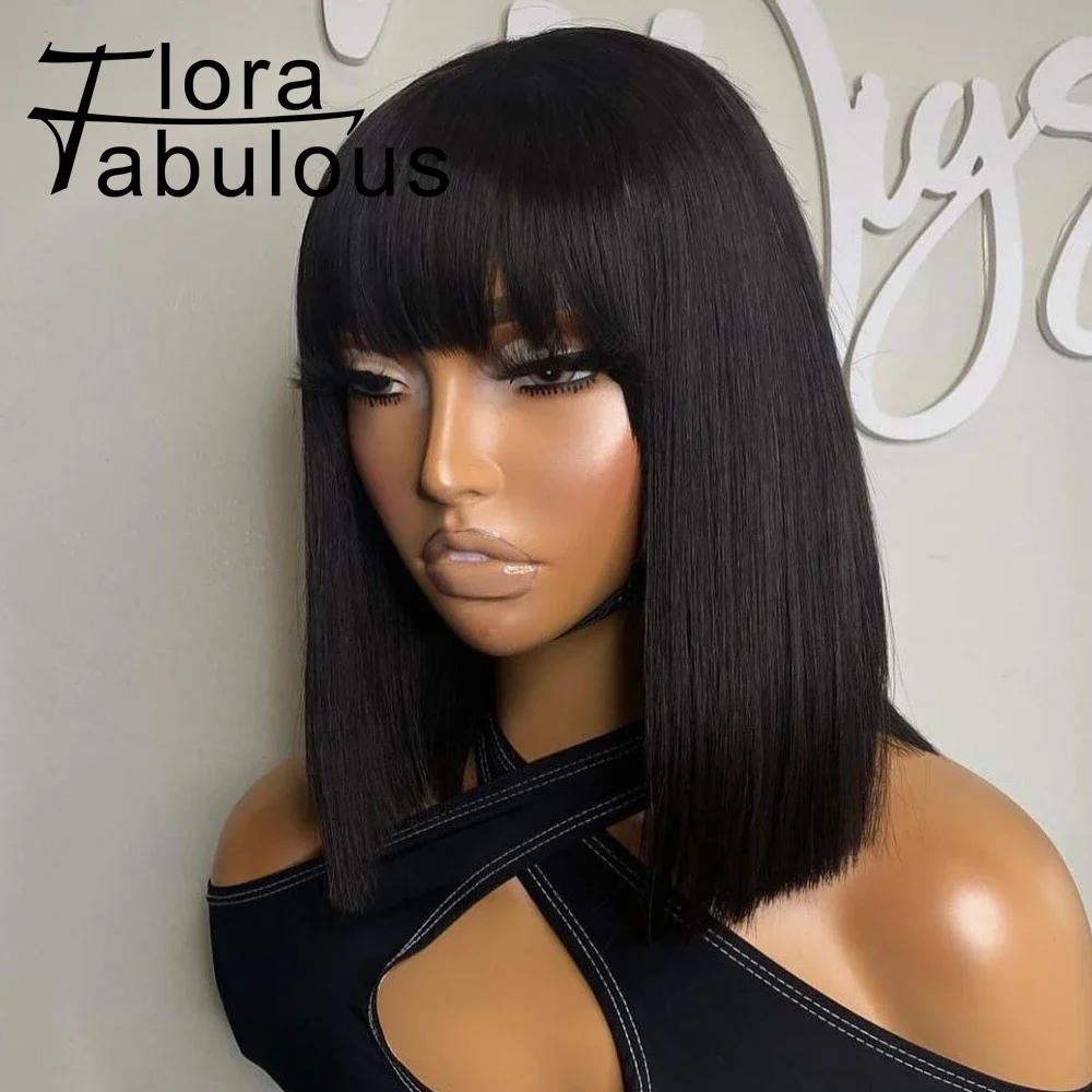 Straight Bob Wigs with Bangs 10 12 inch Short Bob Human Virgin Hair Wigs for Women Natural Black Short Bob Wigs with Bangs