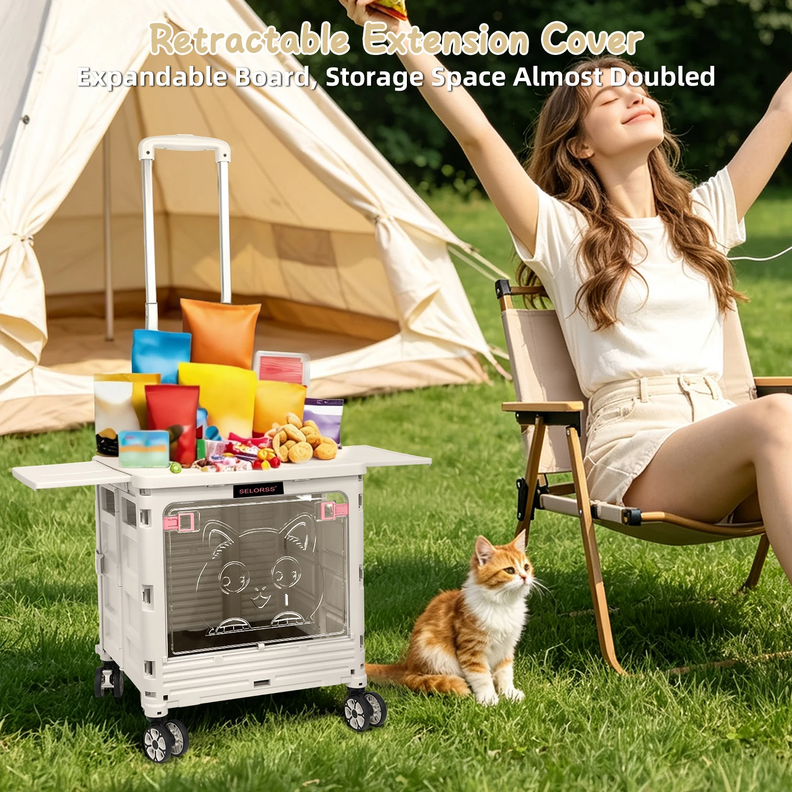 2-in-1 Foldable Shopping Cart & Rolling Pet Carrier, 55L Collapsible Utility Cart with Wheels, Pet Carrier with Telescopic Handle for Cats & Small Dogs, Portable Grocery Cart for Picnic, Travel