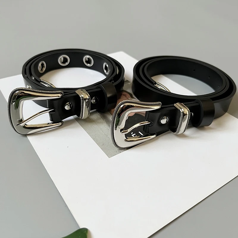 Women Embossed Hole Leather Cowboy Western Buckle Waistband Belt