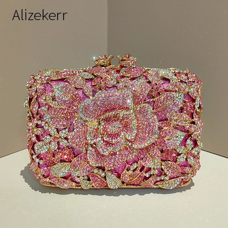 

Alizekerr Rose Crystal Evening Bag Women Gorgeous Classy Sparkling Diamond Flower Metal Clutch Purses And Handbags Wedding Party