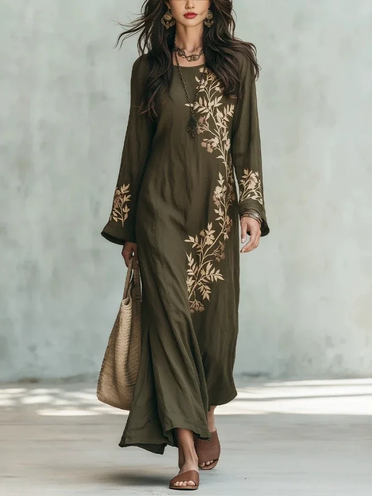 Elegant Maxi Dress for Women Retro Print Round Neck Long Sleeves Dresses Comfort Casual Loose Boho Autumn Clothing