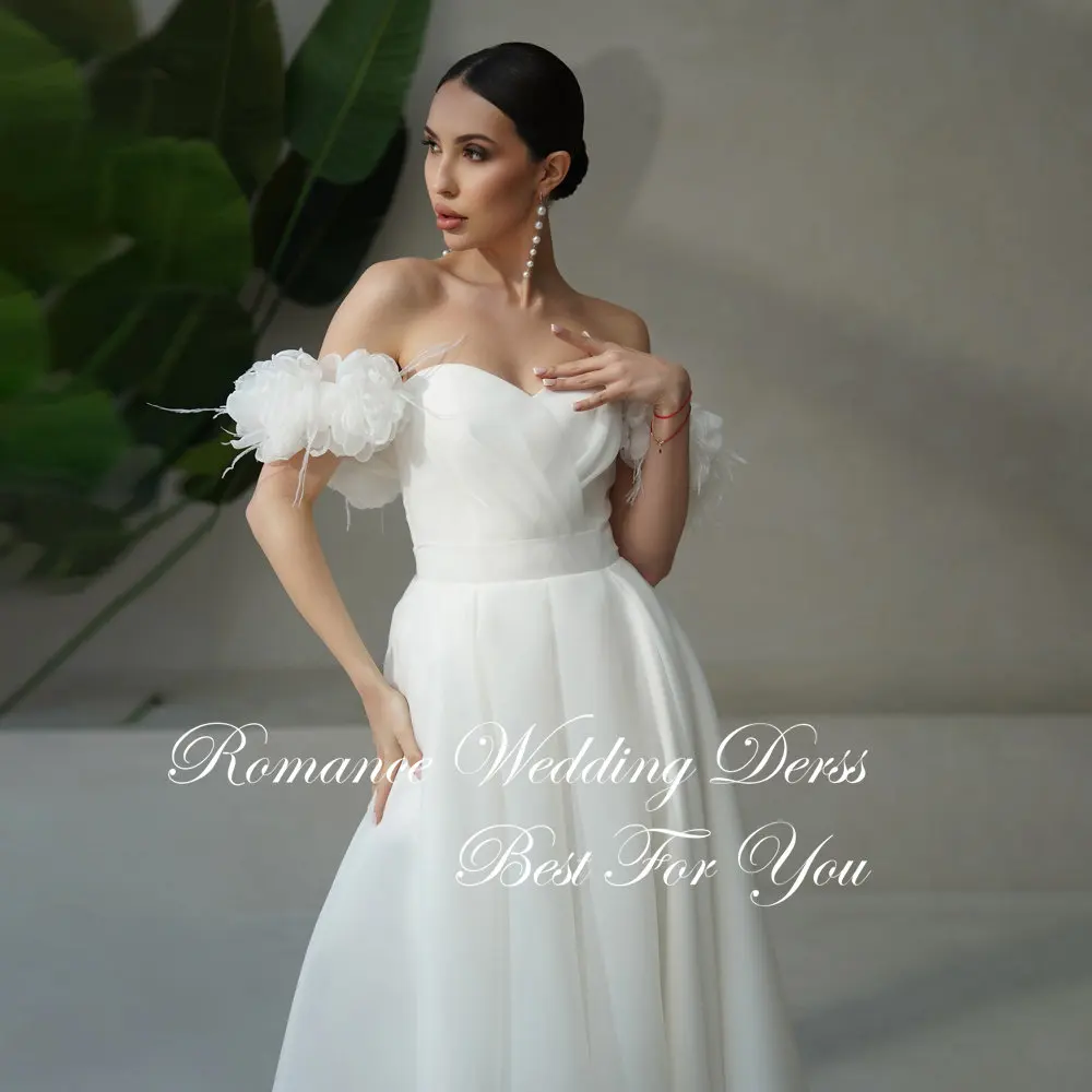 Princess Pleat Sweetheart Flowers A-Line Wedding Dress Women Off The Shoulder Backless Bridal Gown Vestidos De Novia Customized image 4
