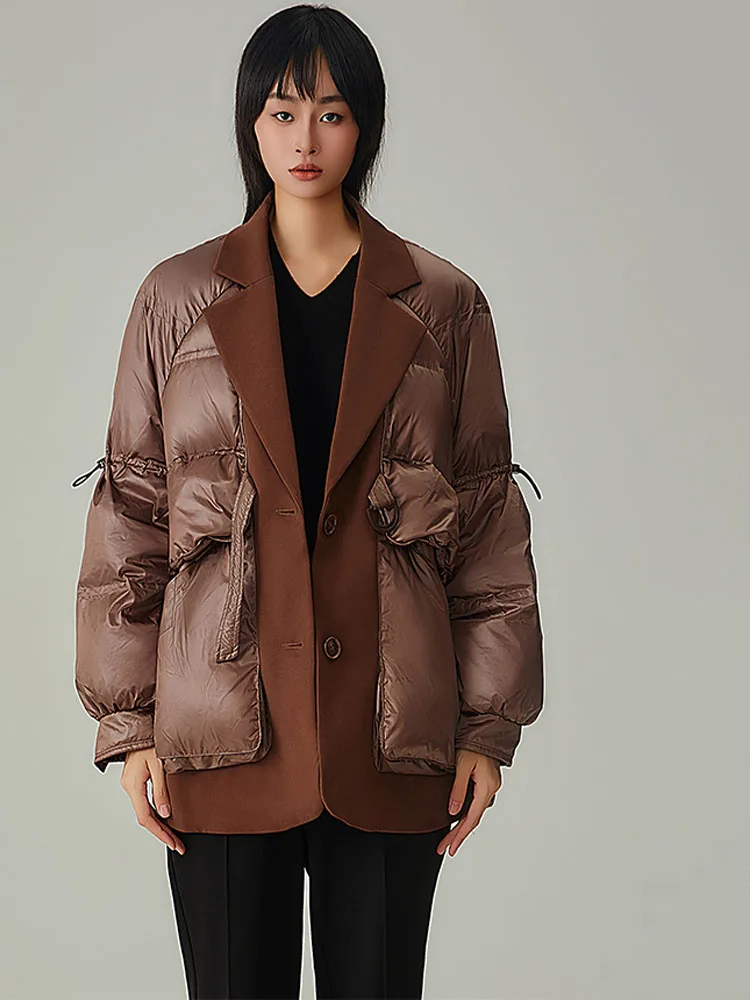 Chaqueta de plumón de invierno para mujer, abrigo de plumón de pato blanco, traje con cuello, diseño elegante, prendas de vestir exteriores de retazos, abrigo falso de dos piezas, cálido e informal