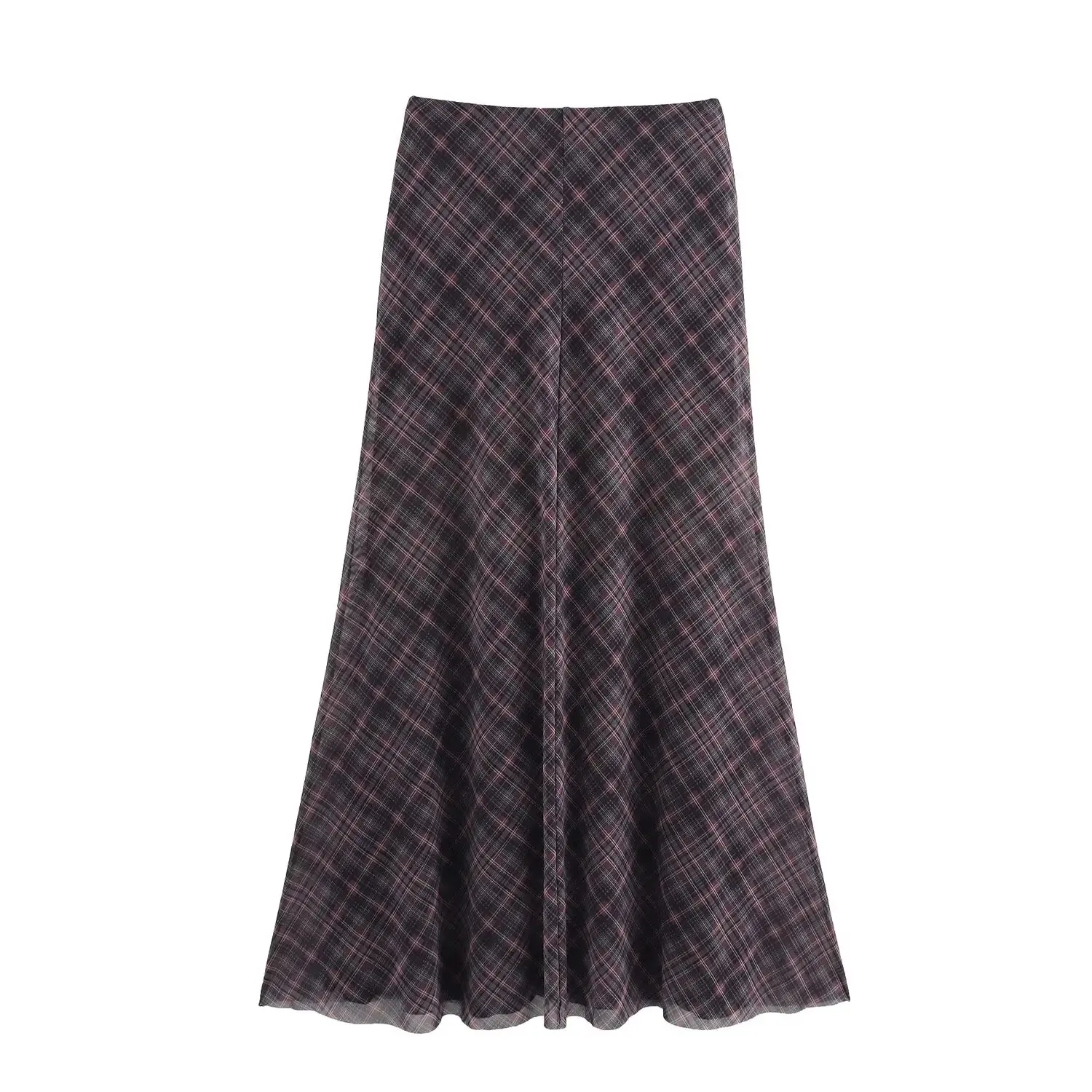 HH TRAF Fashion Woman Casual Vintage Straight Skirt Spring 2025 Women High Waist Plaid Midi Skirt Versatile Pleated Skirt