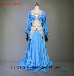 Traje de rendimiento de danza del vientre para mujer, sujetador de danza del vientre, falda larga personalizada, traje de Popsong para niños y adultos, conjunto de ropa de Baile Oriental