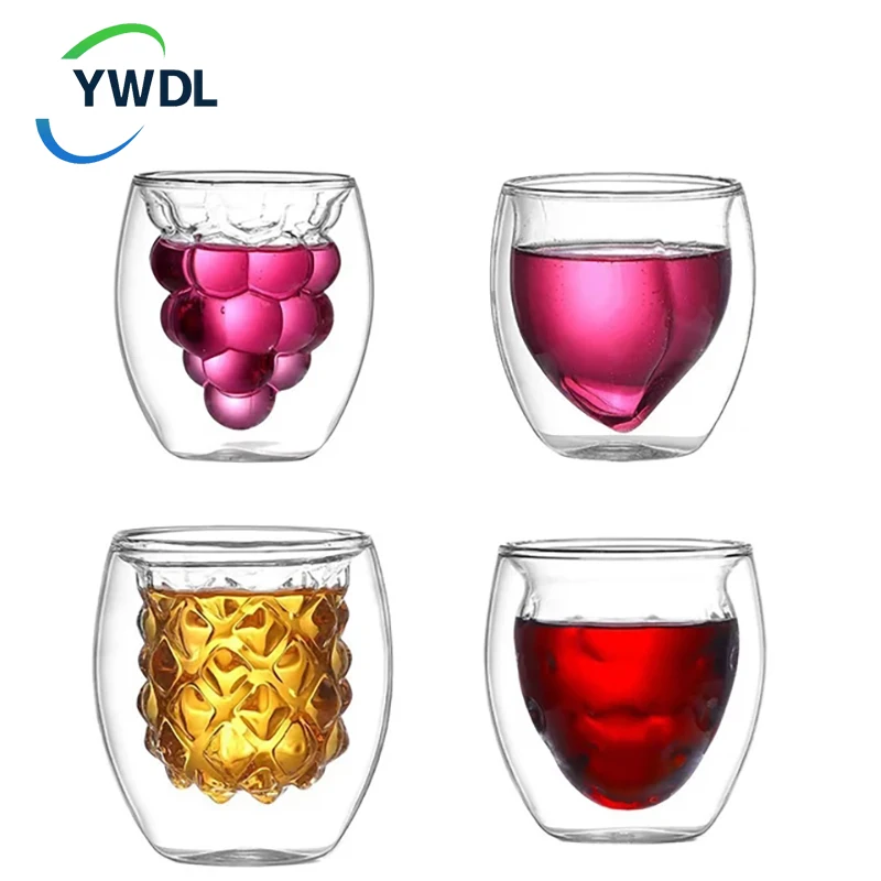 

YWDL 4pcs Set Double Wall Glass Cup Coffee Mug Creative Fruit Shaped Breakfast Milk Juice Cup For Girl Valentines Gift