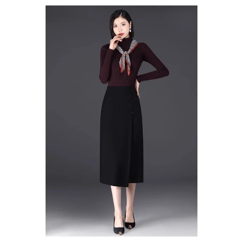 앵커 레드 뉴 스타일 레트로 디스크 버클 슬릿 하이웨이스트 슬림 템퍼먼트 스트레이트 미디 길이 하이엔드 스커트