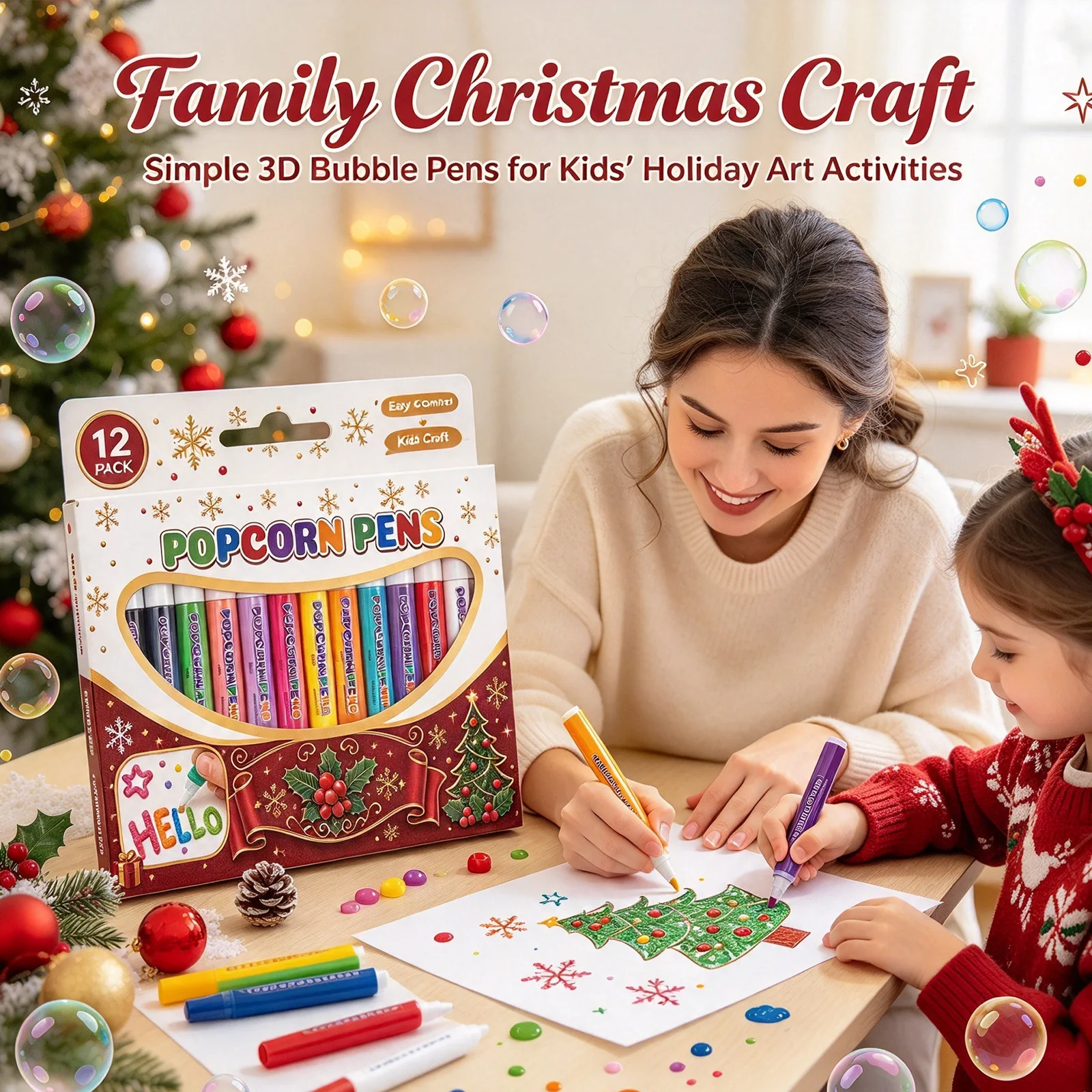 Christmas Popcorn Pen Set Dimensional Popcorn Texture Pattern Enrich Drawn Images Layers Multi‑color DIY Art Craft Drawing Pens