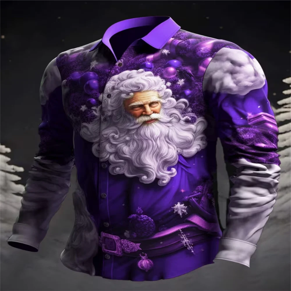 Men Christmas Santa Claus Print Long Sleeve Shirts Purple Snowflake Xmas Lapel Button Down Shirt Casual Holiday Party Dress Shir