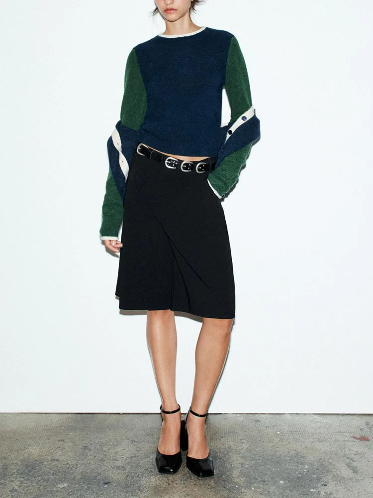 

Новинка осени 2025: Укороченный вязаный свитер с длинными рукавами в стиле Color Block для девочек, повседневная свободная верхняя одежда