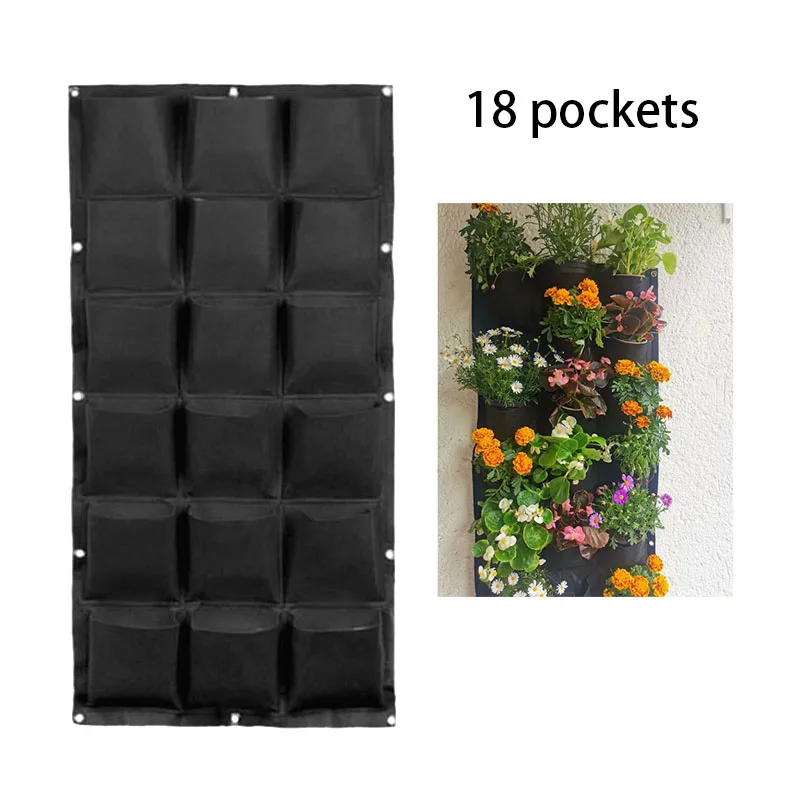 

18 Pockets Wall-mounted Planting Bags Planter Vertical Garden Black Pockets Wall Hanging Bags Garden Tools Flower Plant Pot