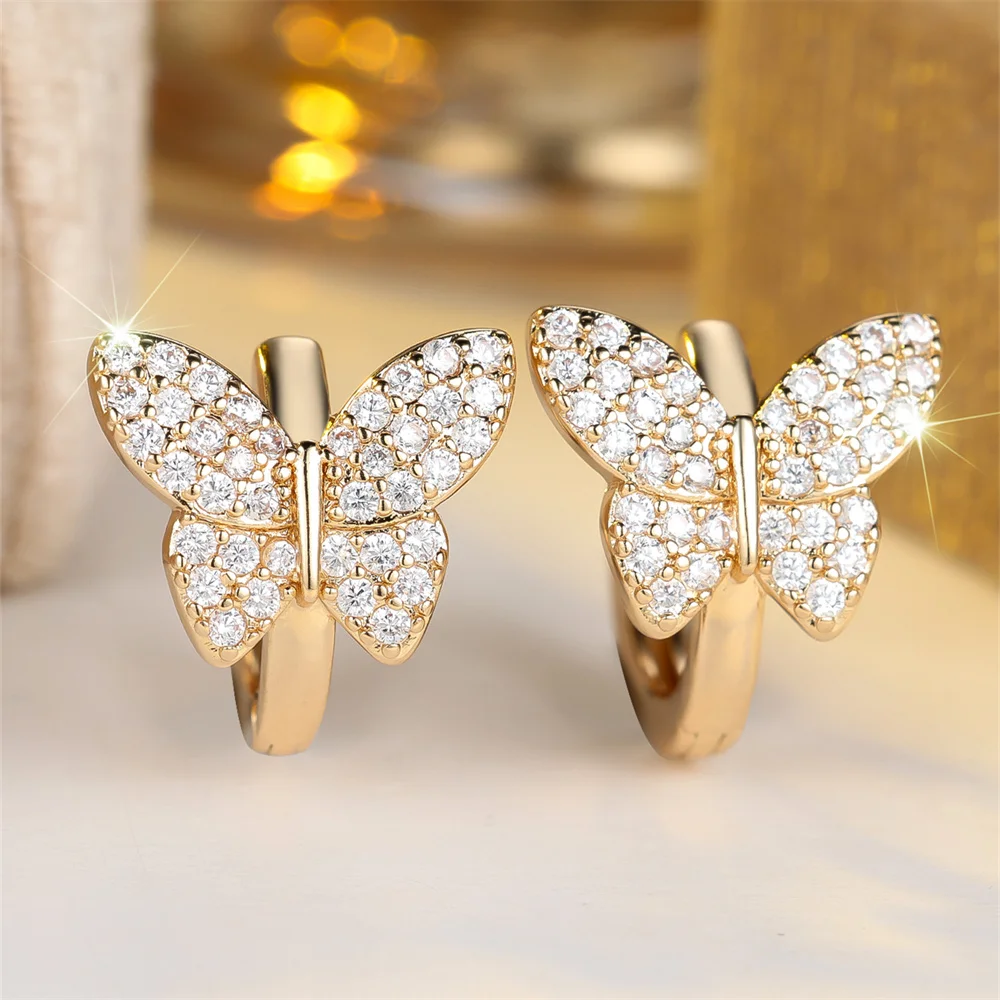 Weiße Zirkon-Ohrringe mit niedlichem Schmetterling und kleinem Stein für Damen, Vintage-Stil, goldfarben, Ohrschmuck, Hochzeitsschmuck, Geschenke zum Muttertag