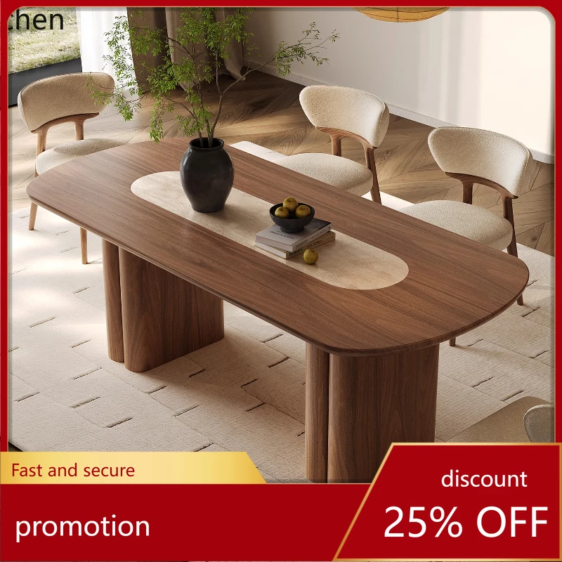 

HT rock slab dining table high sense light luxury living room dining table embedded travertine rock slab family home decor