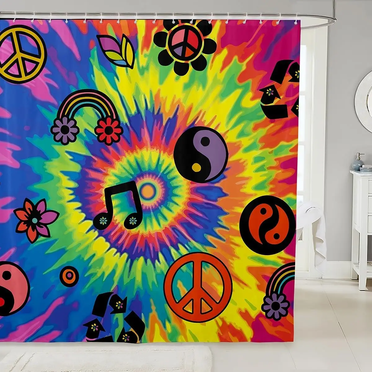 60s 70s Hippie Groovy Shower Curtain, Rainbow Tie Dye Peace Sign Boho Floral Disco Waterproof Bathroom Decor With Hooks