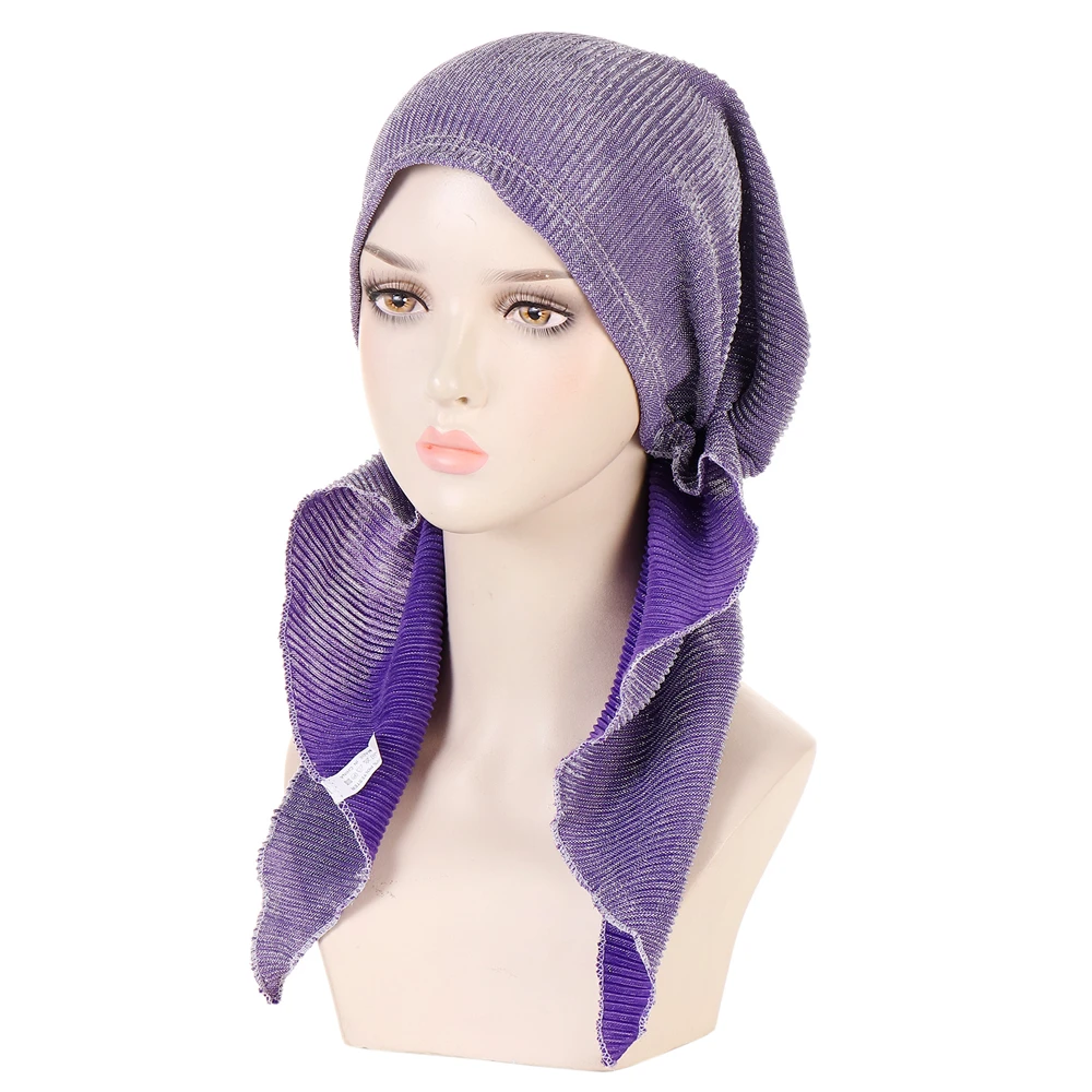 Fashion Solid Color Glitter Pre-Tied Turban Hat Muslim Stretch Head Scarf Turban Bonnet Women Inner Hijabs Chemo Cap Underscarf