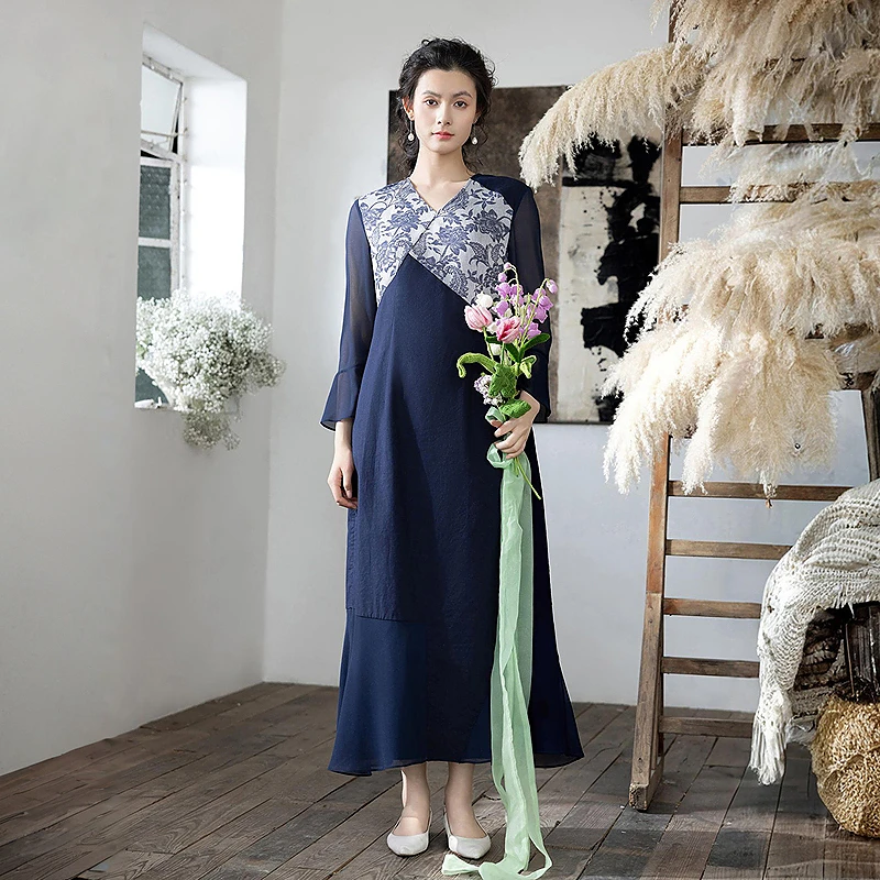 

Ele Floral Print Cotton Blend Ruffle Hem Dr Women's New Spring 2025 A-Line Skirt V-Ne Loose Fit Casual Wear