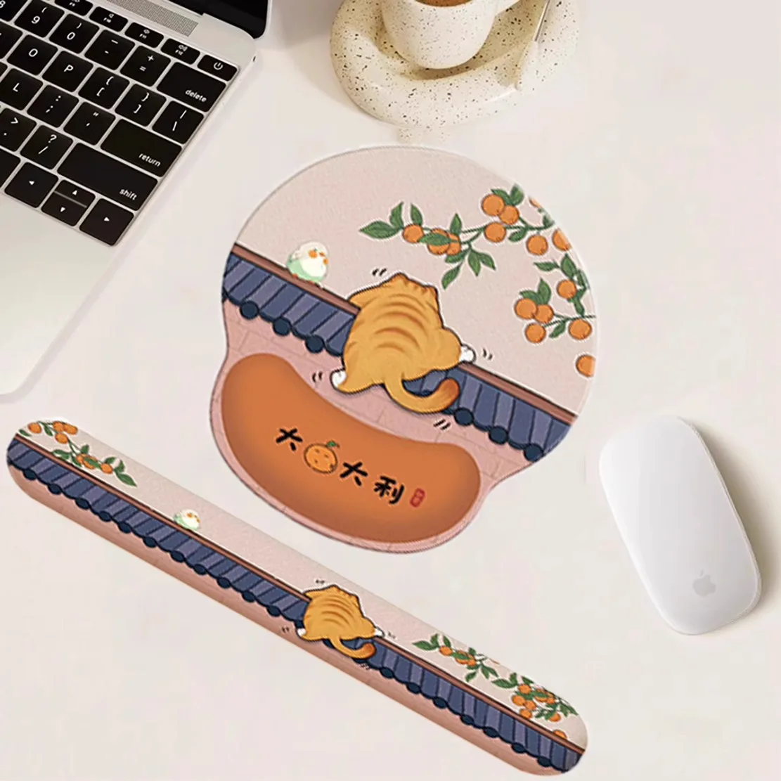 Rubber Wrist Rest Set, Cute Cartoon Cat Mouse Pad + Keyboard Hand Support, Chinese Style Non-slip Office Wrist Cushion, Unisex