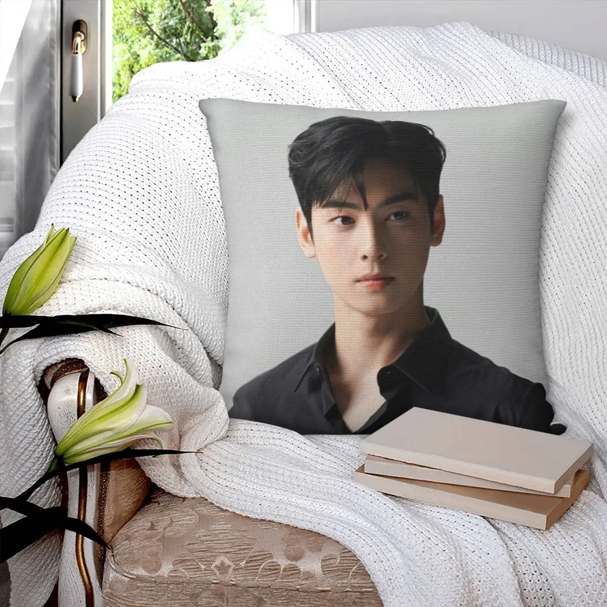 CHA EUNWOO Handsome Photoshoot Square Pillowcase Polyester Linen Velvet Creative Zip Decor Throw Pillow Case Home Cushion Cover image 3