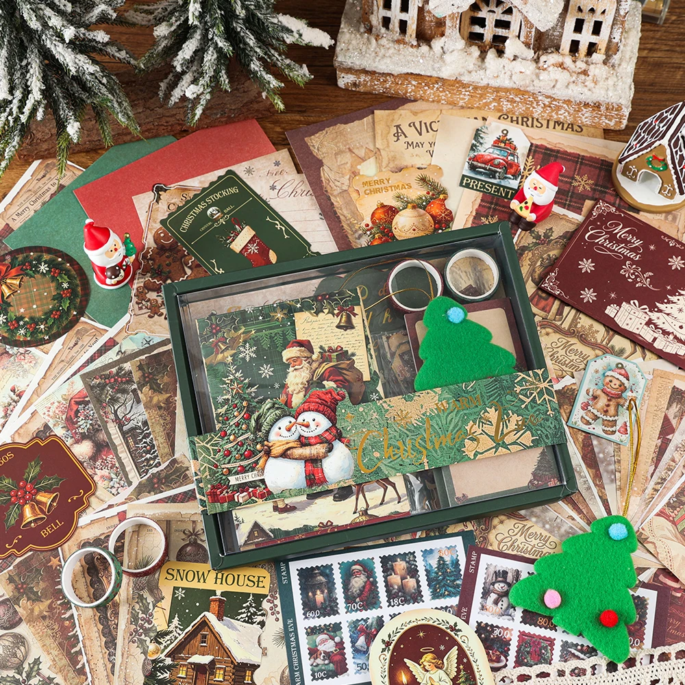 1Pack Vintage Christmas Craft Box Papers Stickers Tapes Notebook Tree Ornament For Stationery Crafts Holiday Journals Great Gift