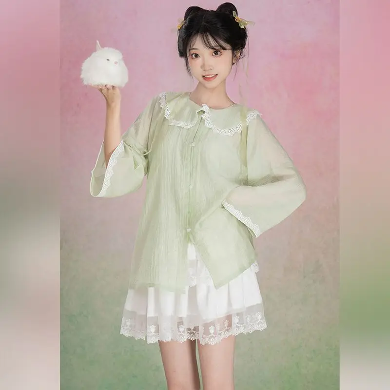 

Japan Doll Collar Crew Neck Shirt Cake Tutu Skirt Girl'S Daily Sweet Summer