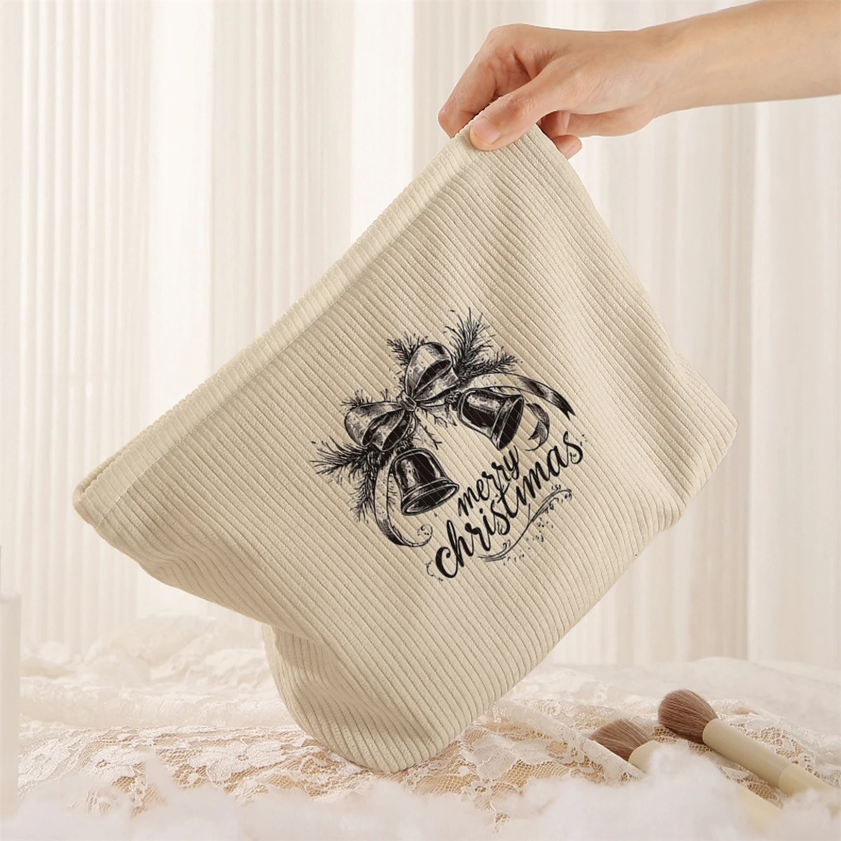 1 bolsa de maquillaje de pana con temática navideña, caja de almacenamiento de maquillaje ligera con cremallera, bolsa multifuncional con forro