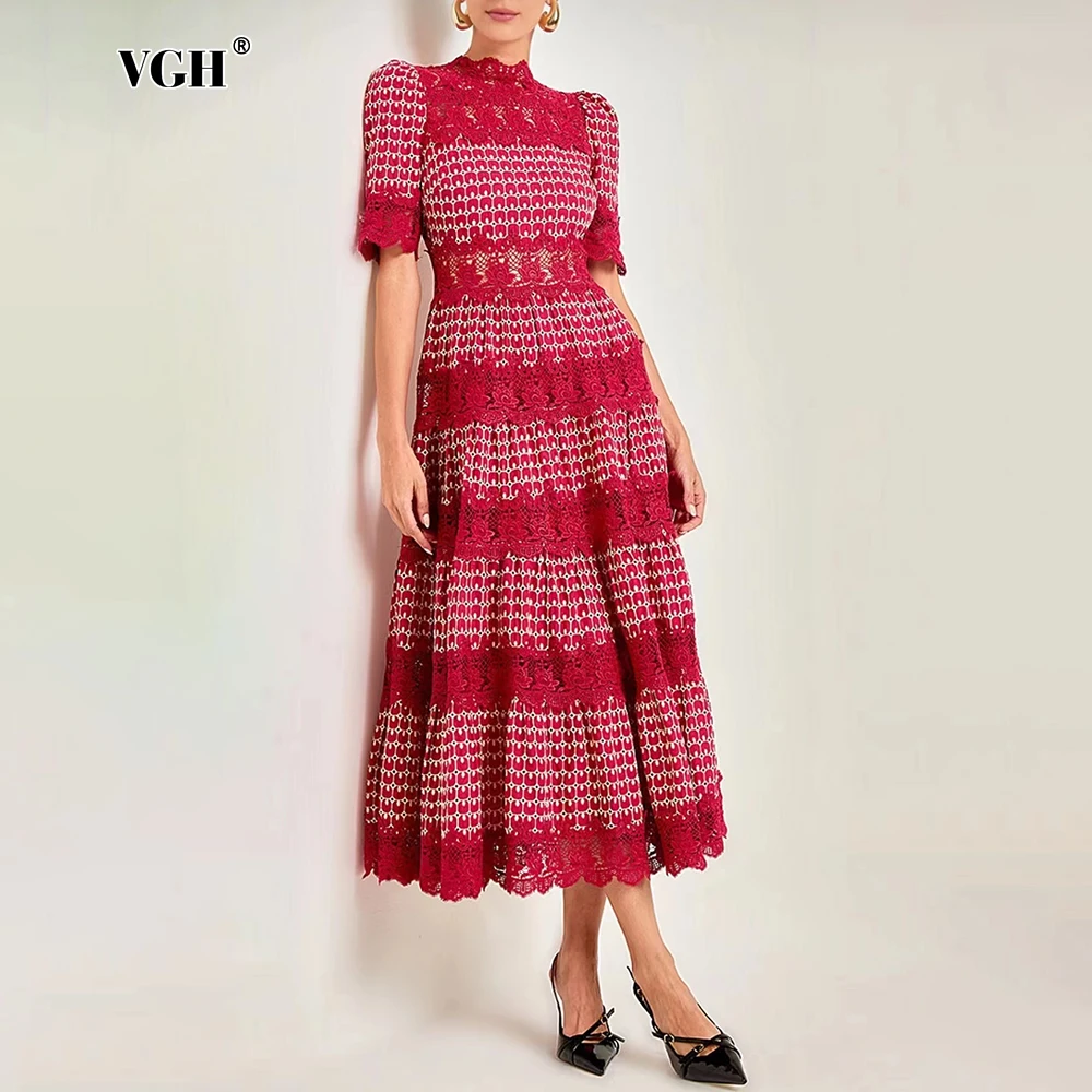 VGH Vintage Printed Dress Women Stand Collar Short Sleeve High Waist Spliced Lace Long Dresses Female Fashion Clothes New Autumn