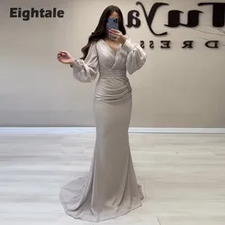 Eightale Arabic Evening Dress Long Puffy Sleeves Chiffon Mermaid V Neck Pleats Celebrity Prom Gown Party Dress Sukienki Wizytowe