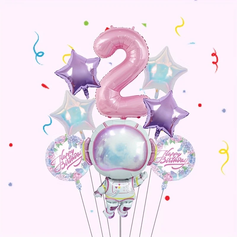 8pcs Pink Astronaut Pentagram Balloon 32 Inch Number 1-9 Foil Balloons Set Birthday Party Scene Decoration Festival Supplies