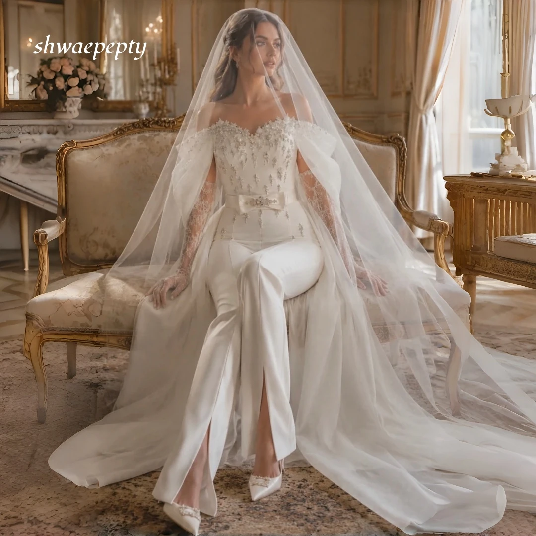 Off Shoulder Jumpsuit Wedding Dress Beaded Lace Detachable Tulle Cape Long Bridal Pants Suit Elopement Gown Customized