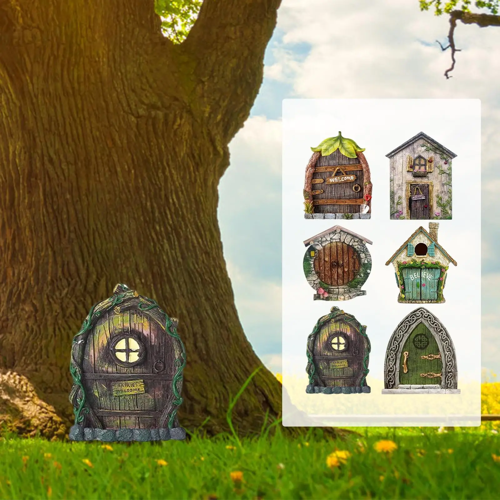 

6x Fairy Tale Door DIY Accs Decoration Presents Tree Faces Decor Statue Figurines for Farmhouse Fairy Garden Courtyard