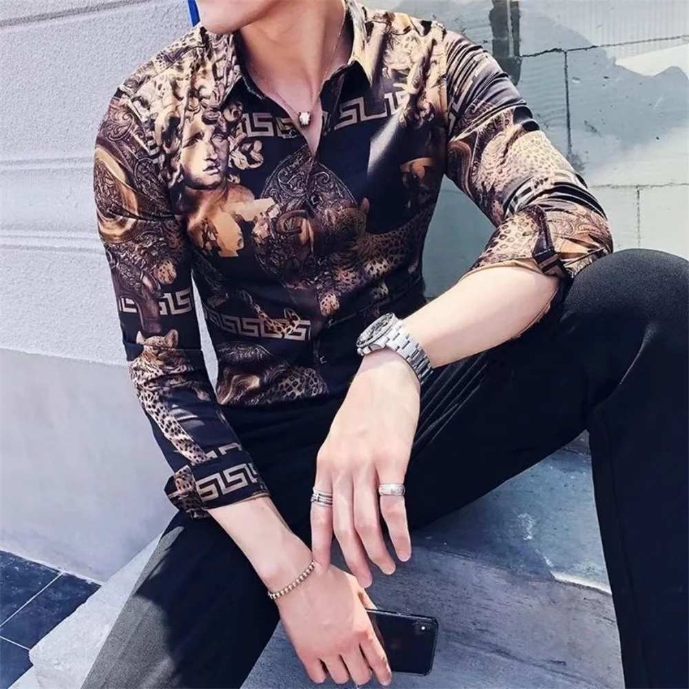 2024 autumn new personalized printed long-sleeved shirt male Korean version slim-fit British trend hair stylist floral shirt