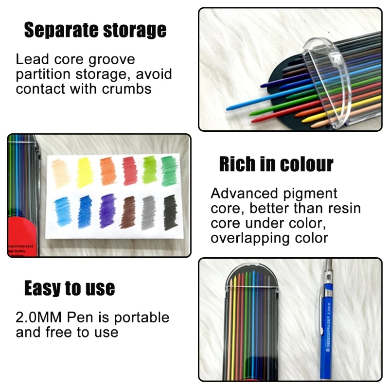 12本 2.0MM 厚手色鉛筆リフィル 2.0MM 自動シャープペンシル、木工鉛筆アート描画用