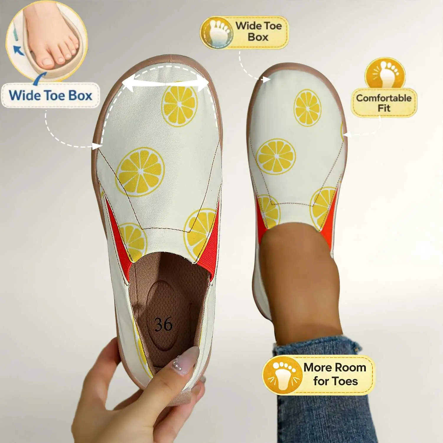 Fresh and Simple Lemon Print Wide-Fit Slip-On Shoes, Soft Sole That Doesn'T Squeeze the Feet, Casual Loafers for Women with Wide Feet