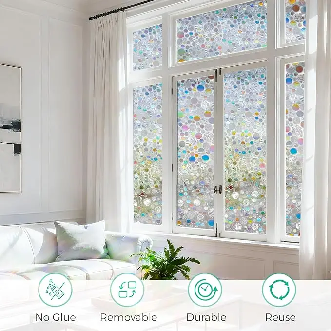Stained Glass Window Film Rainbow Window Privacy Film,Iridescent Transparent Buble Decor Static Cling