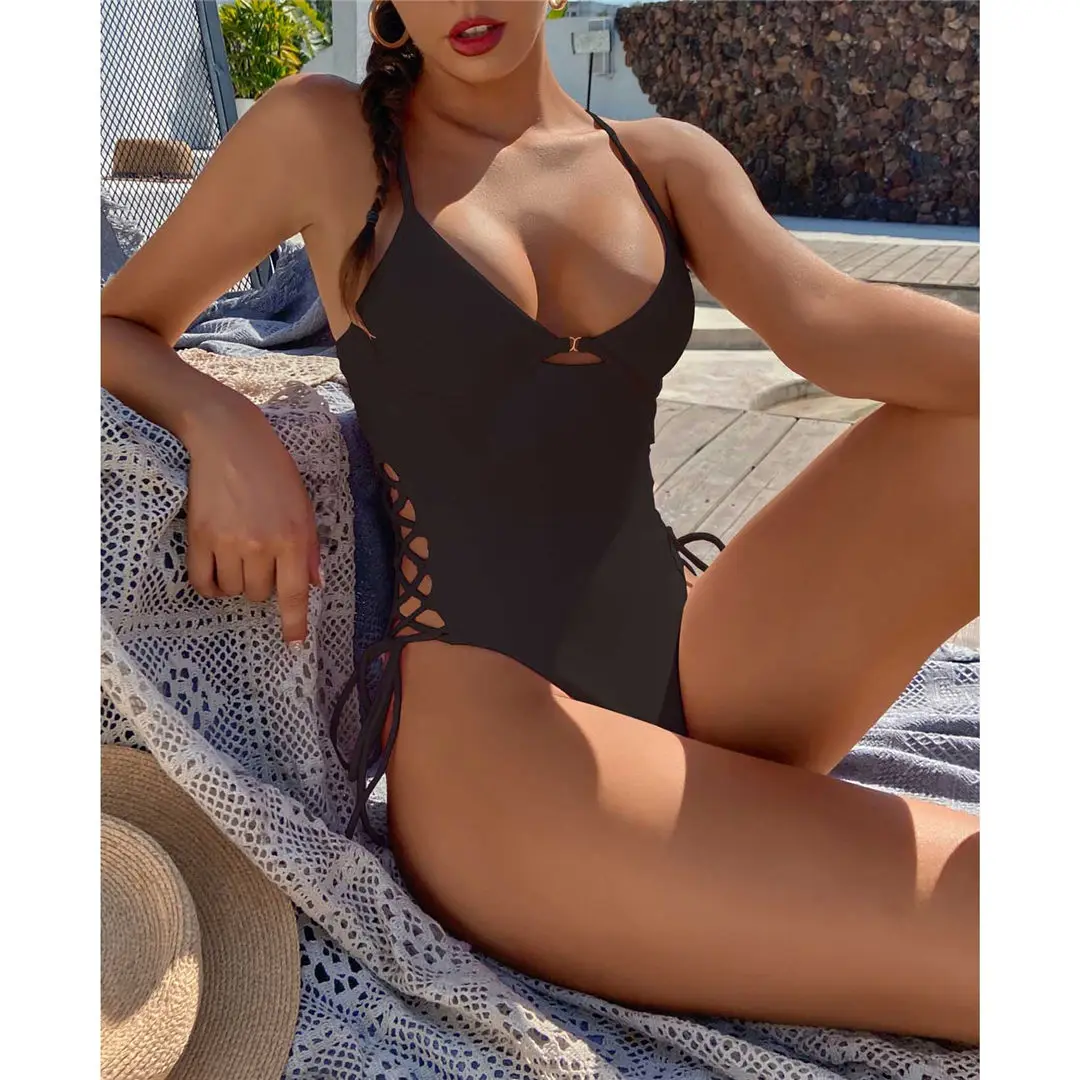 Sexy, mit Schnürung versehener, einteiliger Badeanzug mit Bügel, Damen-Bademode, rückenfreier Monokini-Badeanzug, Badeanzug für Damen, Modell V2906. – Detail 21