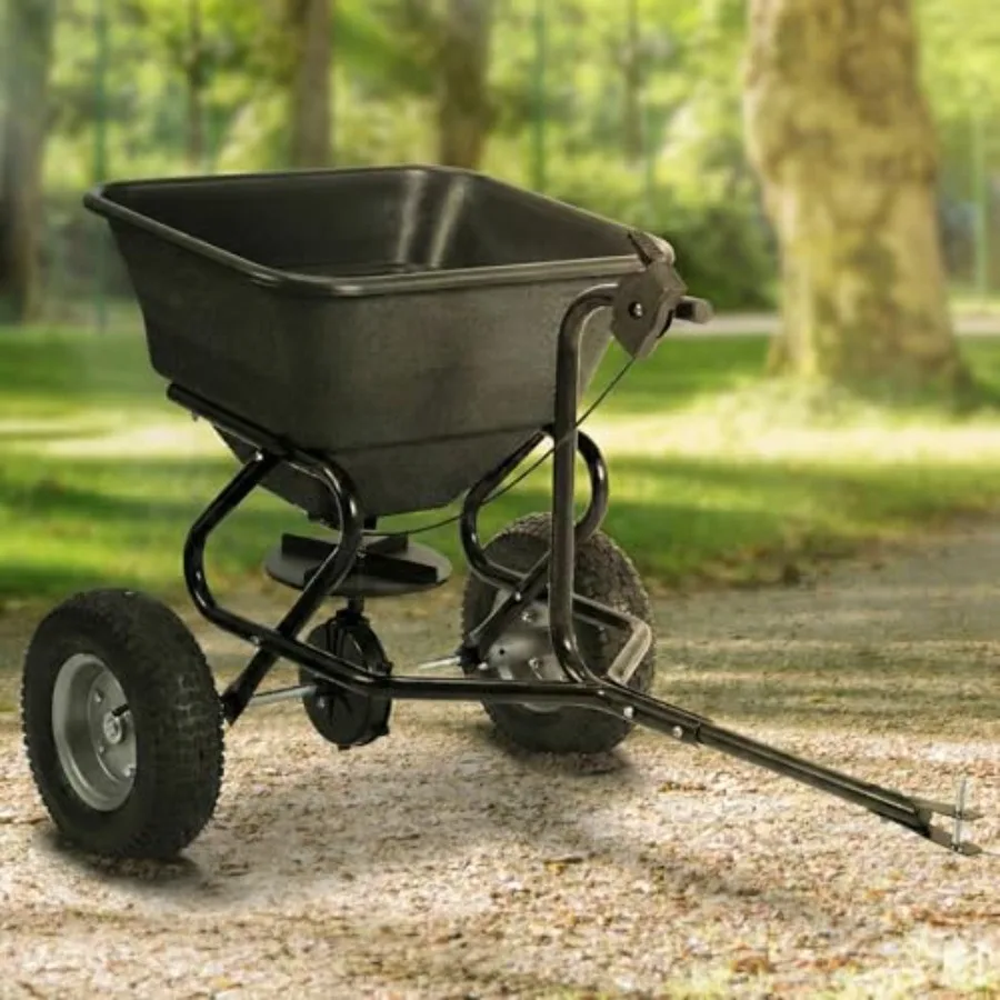 

Прицепной разбрасыватель удобрений/семян, грузоподъемность 110 фунтов, для сада и газона, с возможностью буксировки/толкания, с функцией вращения колес