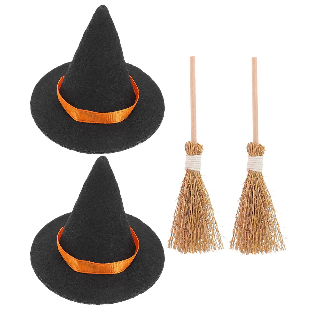 2 Sets Halloween Decor Witch Hat Decors Mini Miniature Top Hats and Broom Small for Cake