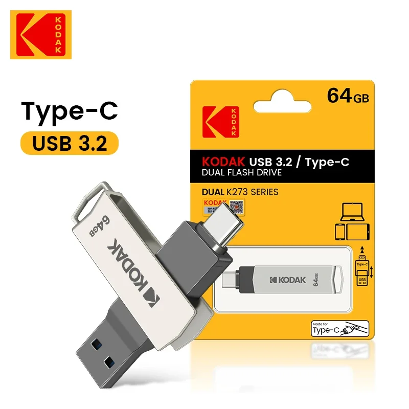 Kodak Type C Two in One USB Flash Drive 32GB 64GB 128GB Computer Mobile Phone Dual Use USB Flash Drive Rotating Creative USB 3.1