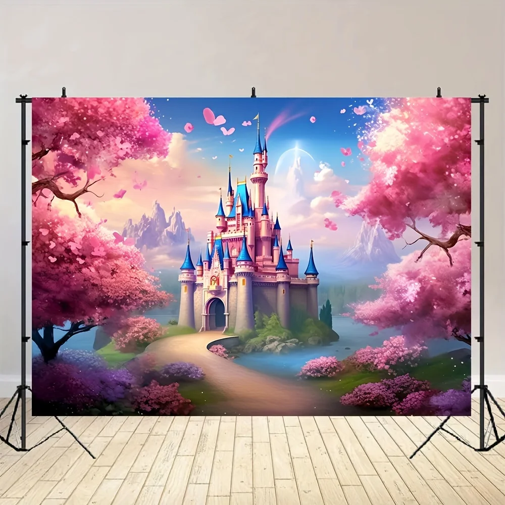 Castle background polyester fabric pink cherry blossom forest rainbow flower fantasy fairy tale foot photography background