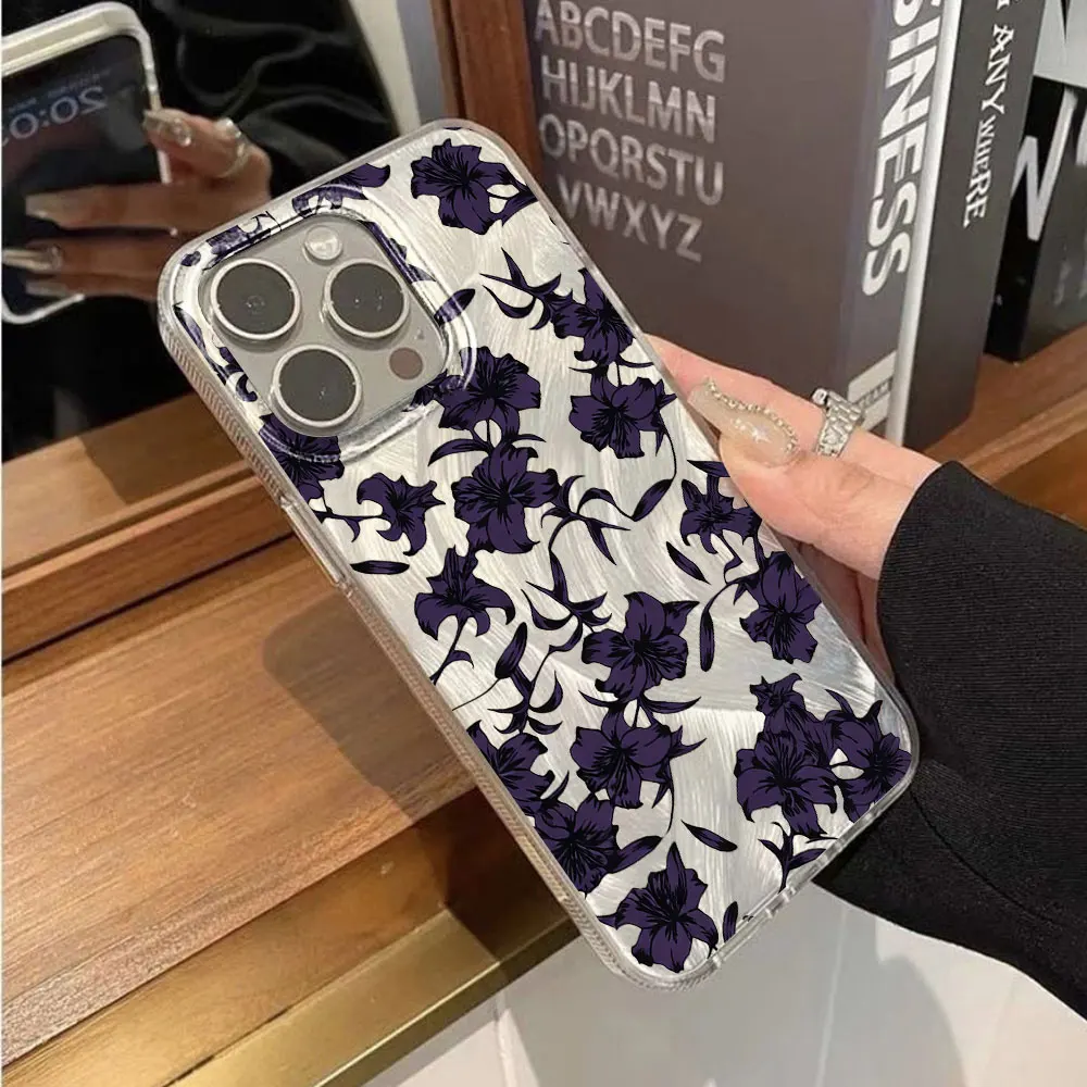 Minimal Black Floral Leather Phone Cases For Samsung Galaxy S26 S25 Ultra S24 S23 Plus S22 FE A35 A36 A54 A55 A56 Bumper Cover