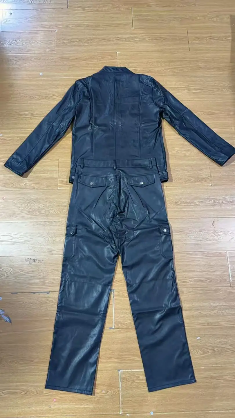 Modische Motorrad-Lederbekleidungs-Sets für Herren, Mehrfachtaschen-Stehkragen-PU-Jacke + Lederhose, 2-teilige Freizeit-Cosplay-Kostüme – Detail 2