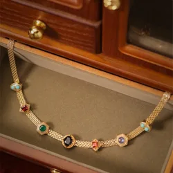 New in high-end geometric multicolour gem necklaces short style choker retro blue turquoise collar chain wedding banquet jewelry