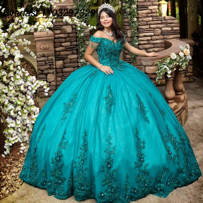 

EVLAST Glitter Emerald Green Quinceanera Dress Ball Gown Lace Applique Beading Sequins Corset Sweet 16 Vestido De 15 Anos TQD483