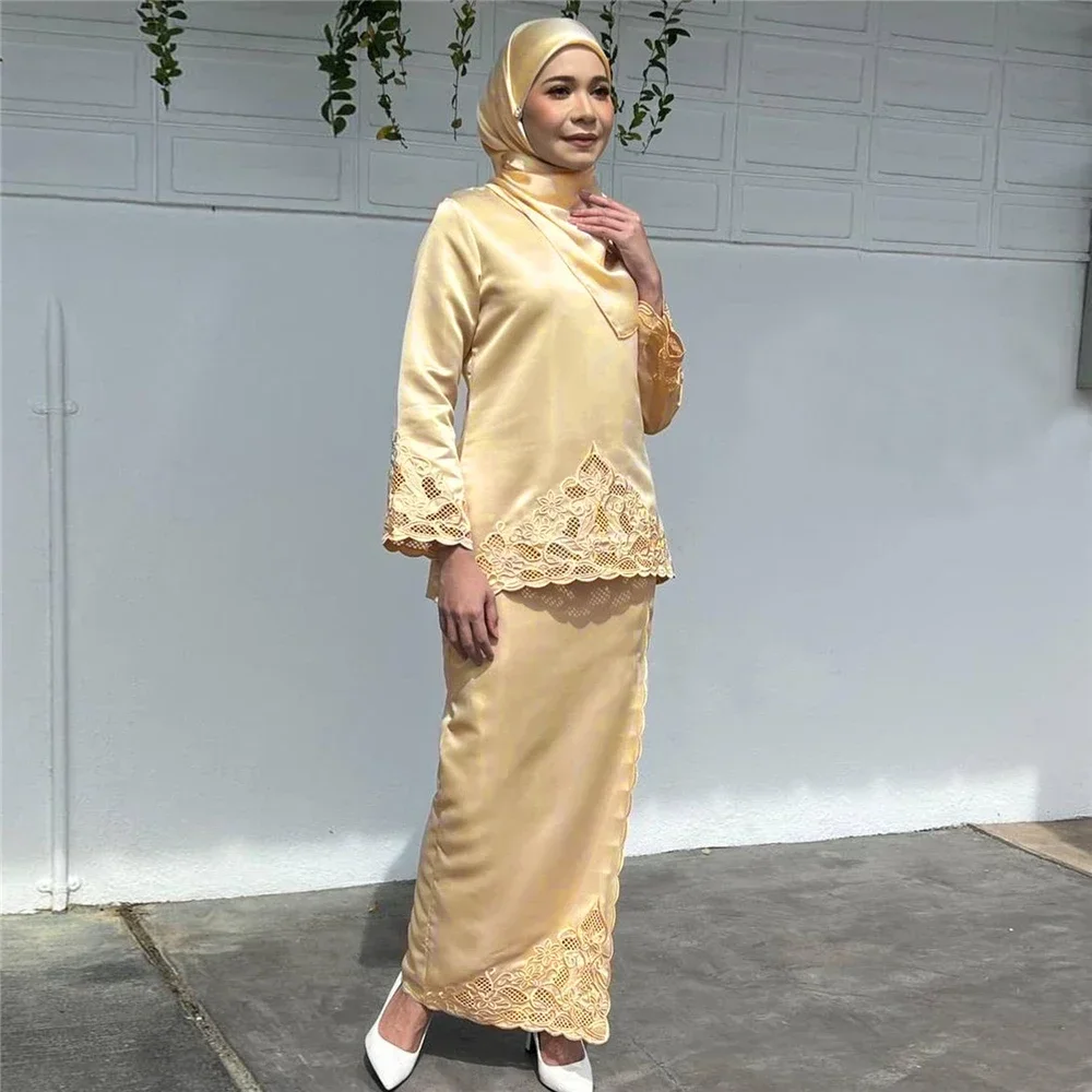 

Fashion Women Two Pieces Abaya Sets Muslim Embroidery Satin Tops Skirts Modest Dress Dubai Party Gown Islam Clothing Baju Kurung