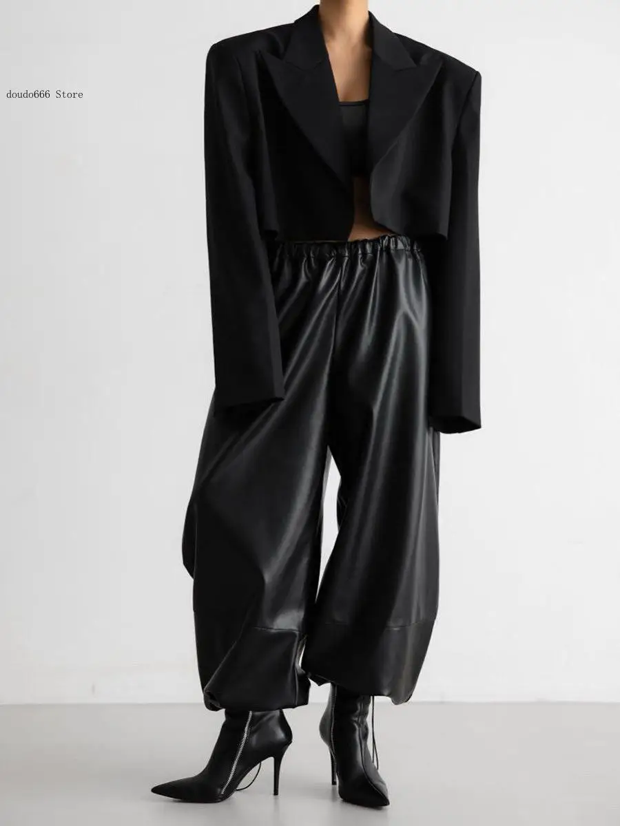 Causal Drawstring Ankle Cuffed Lantern Loose Retrotrousers Wolfeel Women's Autumn Winter Pu Leather Pants