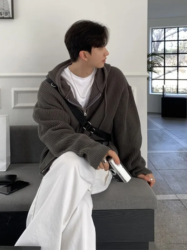 American Style Thickened Hooded Zipper Cardigan Sweater Men's Autumn Winter New Style Lazy Fashion Knitted Wear Resistant