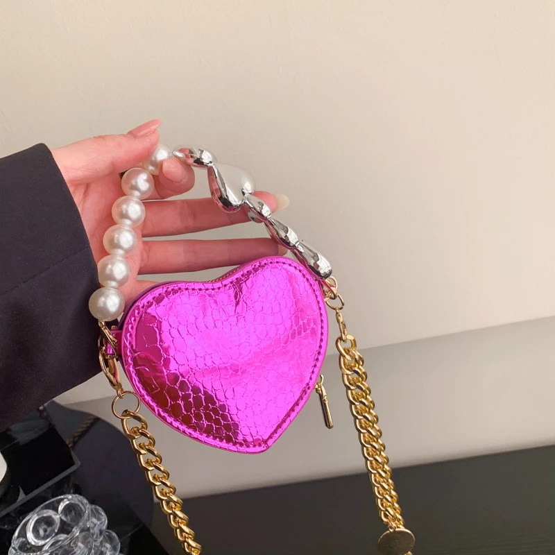 Bolso de hombro de cuero PU para mujer, Mini bolso cruzado, bolso de mano de noche, lindo Corazón de amor, bolso de mano, bolso de lápiz labial, moda