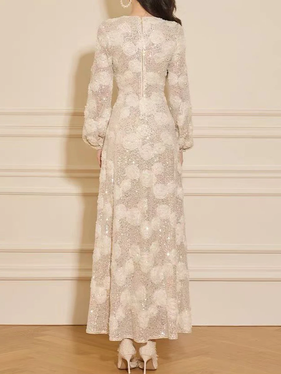 VGH فستان وردي ثلاثي الأبعاد مثير للنساء بياقة على شكل V وأكمام طويلة مرقع ترتر للتخسيس والحفلات المسائية فساتين طويلة موضة نسائية